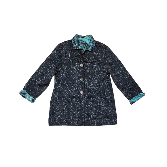 PATTY KIM Women's Jacket Blue Multi Paisley Polka Dot Reversible Sz Large Coat - Picture 11 of 12